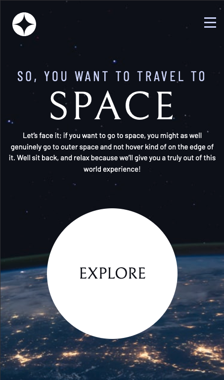 a portrait screenshot of the homepage of my space travel website designed for small screens.